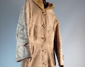 Long leather coat, lambskin, vintage, 70s, with hood and horn buttons
