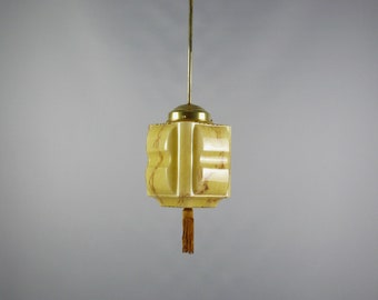 Luz colgante de varilla Art Déco con pantalla de vidrio decorativa y suspensión de latón - Década de 1920 - Década de 1930, colgante, luz de techo