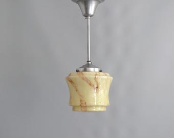 Elegant Art Deco pendant lamp with marbled glass lampshade and nickel-plated lamp suspension - 1930-1940