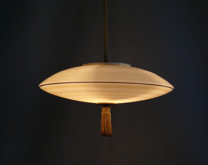 Art Deco rod pendant light / UFO light in beige, suspension made of metal and Bakelite - 1930s-1950s