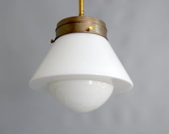 Art Deco pendant lamp with opal glass lampshade and brass lamp suspension, Bauhaus - 1930-1940