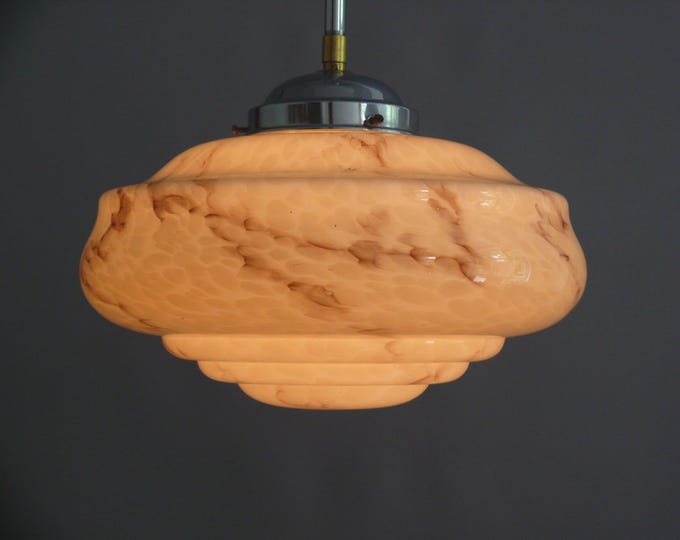 Art Deco rod pendant light, hanging lamp with beige glass shade and chrome-plated suspension - approx. 1930 - 1940
