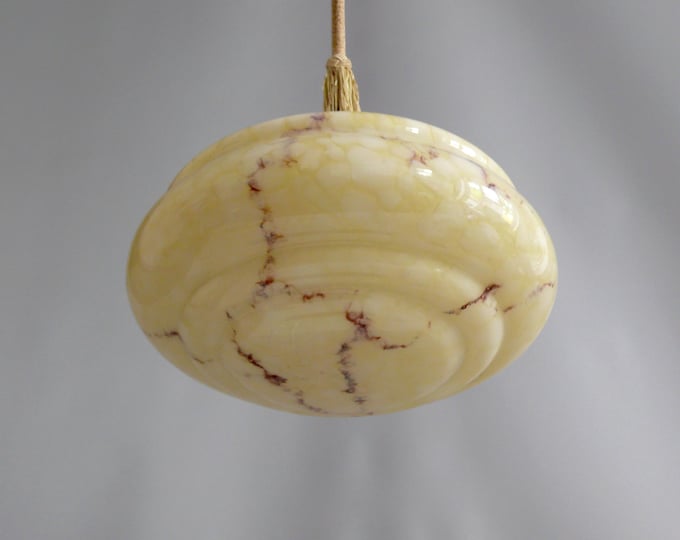 Art Deco rod pendant light with wrapped rod and marbled glass shade, 1930s