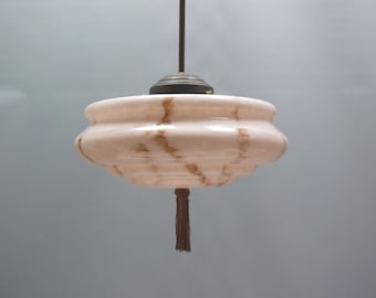Art Deco rod pendant lamp with marbled glass shade, Germany 1930s
