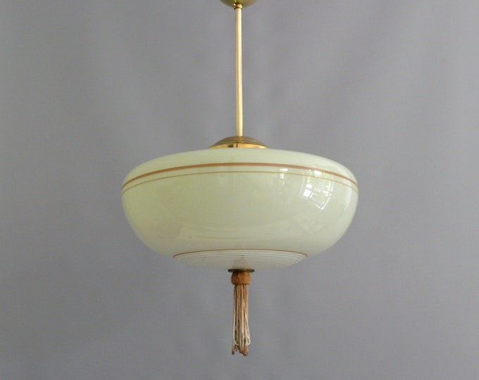 Art Deco rod ceiling light with beige glass shade and brass suspension
