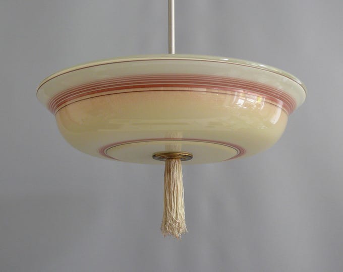Art Deco pendant lamp with large glass shade and metal suspension - ca. 1930 - 1940