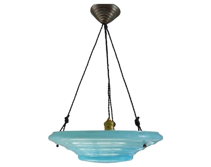 Large Art Deco glass pendant light, blue textured with rope suspension, Germany 1920s - 1930s