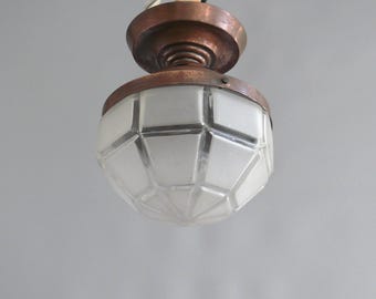 Art Nouveau ceiling lamp with frosted glass shade and copper suspension - ca. 1910
