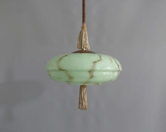 Art Deco rod pendant light with wrapped rod and marbled glass shade, 1930s