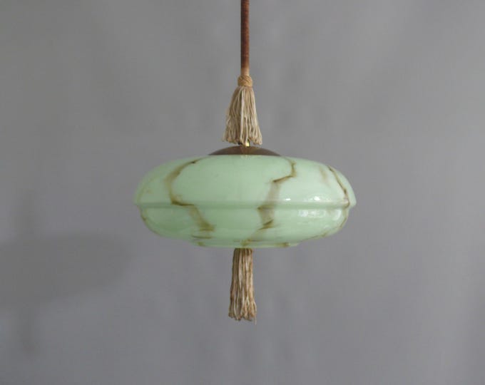Art Deco rod pendant light with wrapped rod and marbled glass shade, 1930s