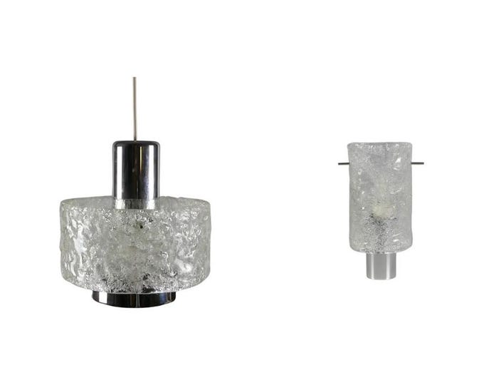 Set of Hillebrand Murano/Ice Glass Pendant Lamp and Wall Light - 1960s