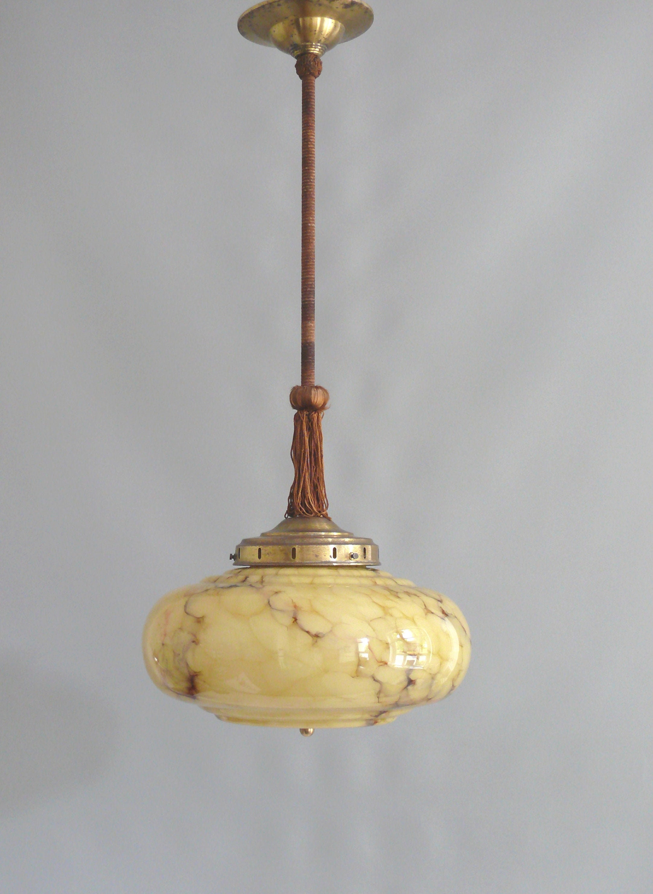 Art Deco glass rod pendant lamp with wrapped rod and brass suspension