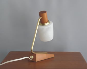 Temde bedside lamp - brass, wood - table lamps with opal glass shade - 1960s, Mid Century, Vintage