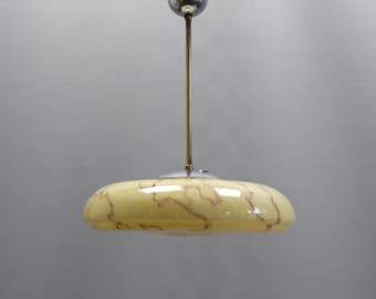 Art Deco pendant lamp with a flat, elegant glass shade and metal suspension - circa 1930-1950