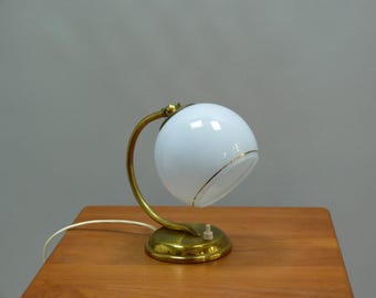 Art Deco table lamp / bedside lamp - brass, pastel blue glass shade - 1930s - 1950s