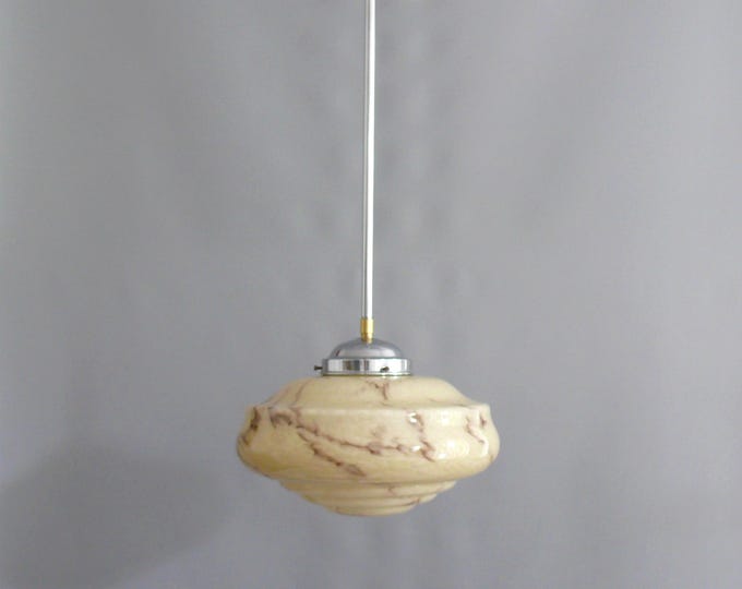 Art Deco rod pendant light, hanging lamp with beige glass shade and chrome-plated suspension - approx. 1930 - 1940