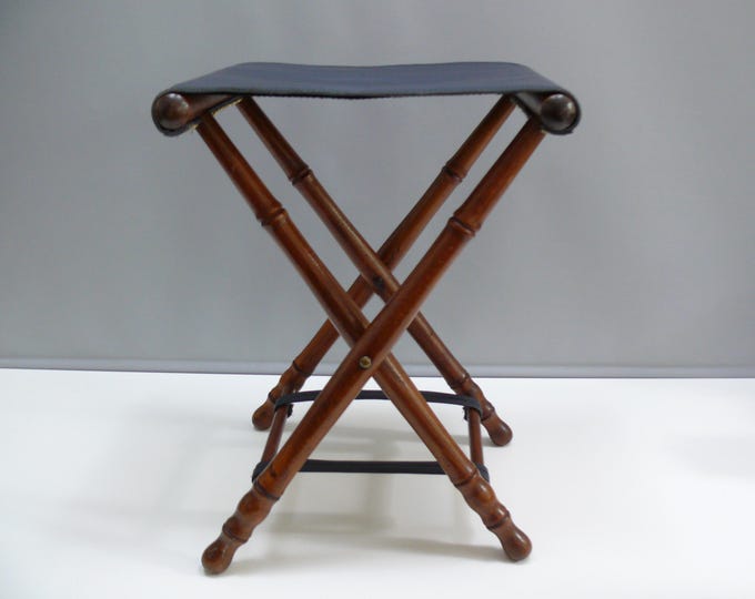 Small vintage folding stool - turned frame, genuine leather seat - colonial style