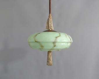 Art Deco rod pendant light with wrapped rod and marbled glass shade, 1930s