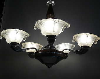 Art Deco chandelier, five-armed, France, pendant lamp, 1930s
