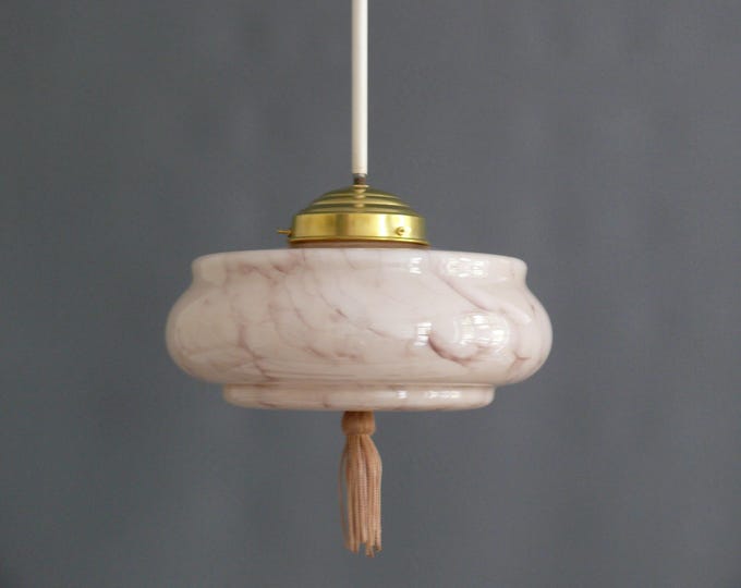 Art Deco rod pendant lamp with marbled glass shade, Germany 1930s