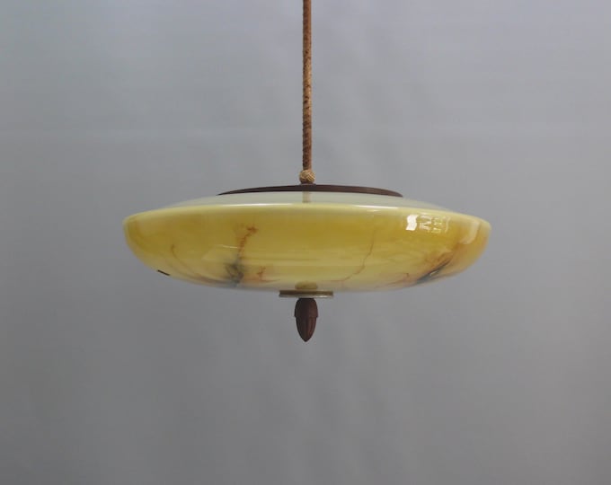 Large Art Deco rod ceiling light with beige glass shade and wrapped rod