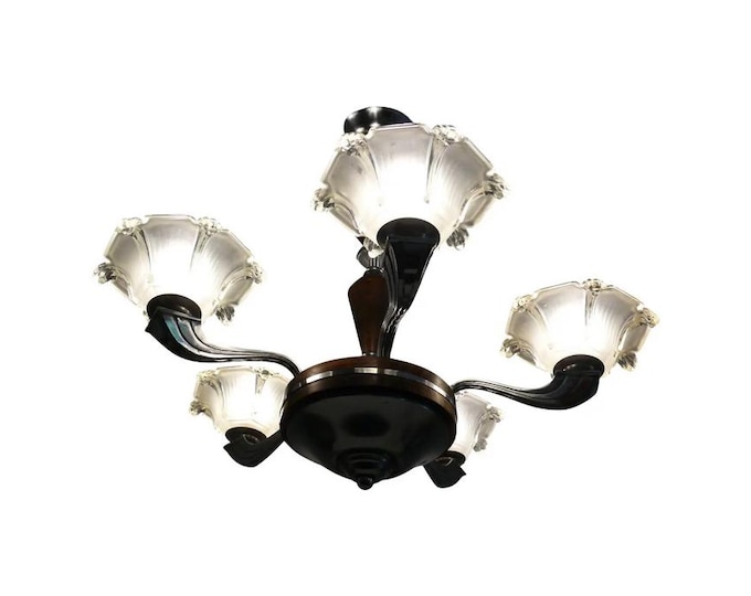 Art Deco chandelier, five-armed, France, hanging lamp 1930s