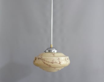 Art Déco Stabpendelleuchte, Hängelampe mit beigem Glasschirm und verchromter Aufhängung - ca. 1930 - 1940