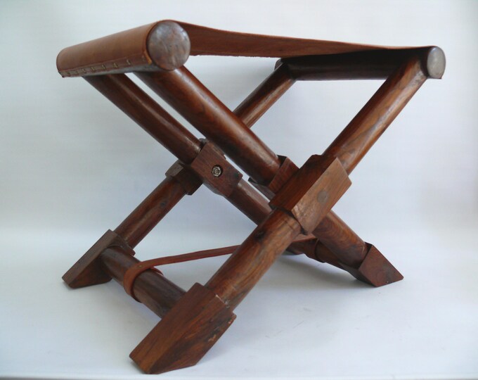 Large folding stool, scissor stool made of solid rosewood with leather seat, 20th century.
