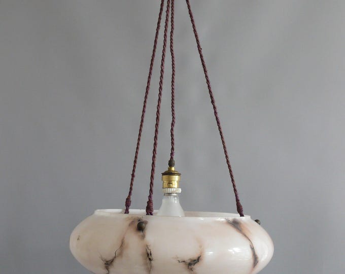 Large Art Deco marbled glass pendant light with rope suspension, 1920s - 1930s