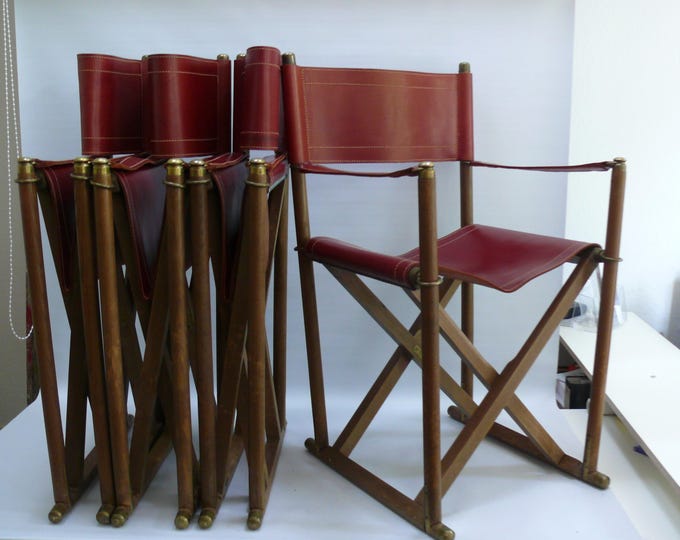 Set von 4 klappbaren Almazan Safari-Stühlen im Stil von Mogens Koch Mk-16 mit genähten Ledersitzen  und Messingdetails - Spanien 60er Jahre