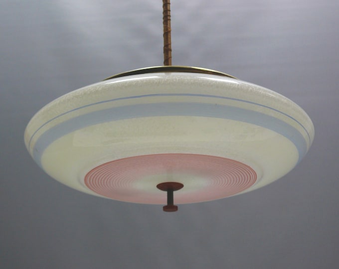 Art Deco rod pendant light in white, suspension made of brass and glass - 1930s-1950s