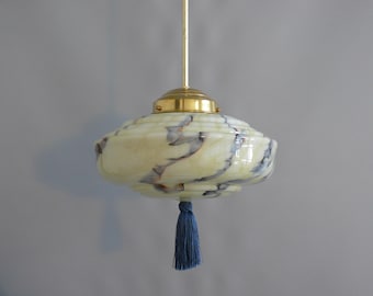 Art Deco rod pendant light with brass suspension and marbled glass shade