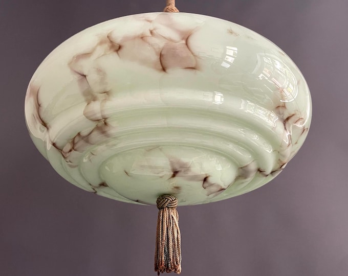 Art Deco rod pendant lamp, marbled with wrapped rod, suspension made of metal and brass - 1930s