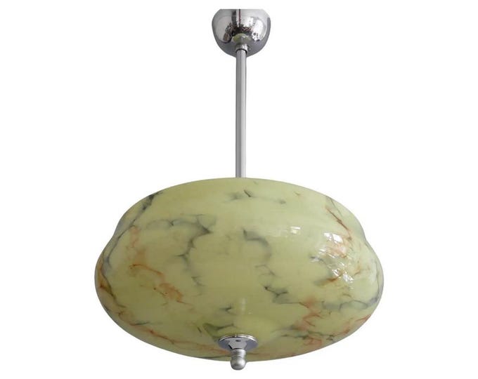 Art Deco pendant lamp with marbled glass shade and metal suspension - ca. 1930 - 1940
