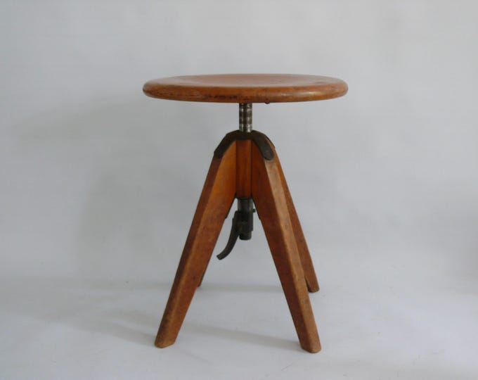 Solid workshop stool/swivel stool made of beechwood, height adjustable - Mid Century
