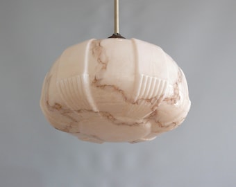 Art Deco rod pendant lamp with marbled glass shade, Germany 1930s