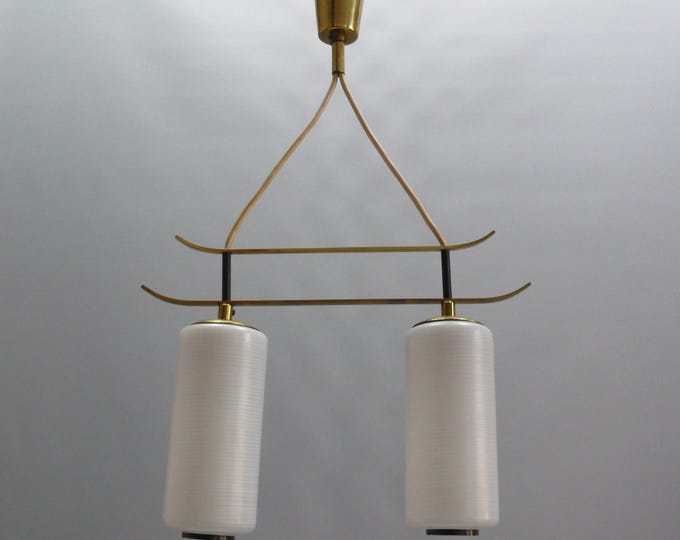 2-light Doria ceiling light, pendant light made of brass with decorated frosted glass shades, 1960s - Vintage