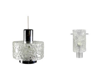 Set of Hillebrand Murano/Ice Glass Pendant Lamp and Wall Light - 1960s