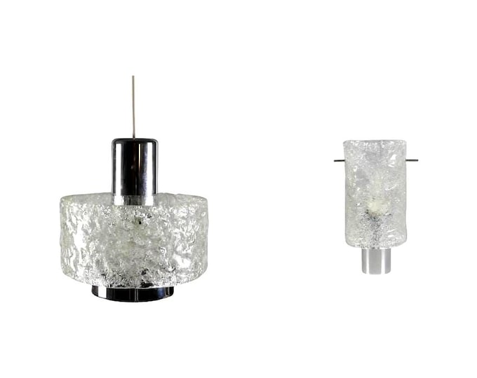 Set of Hillebrand Murano/Ice Glass Pendant Lamp and Wall Light - 1960s