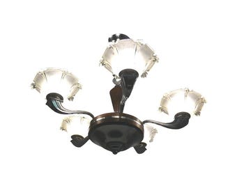 Art Deco chandelier, five-armed, France, hanging lamp 1930s