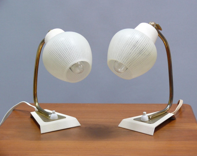 2 bedside lamps - table lamps made of metal/brass with opal glass shades - 1960s, Mid Century, Vintage