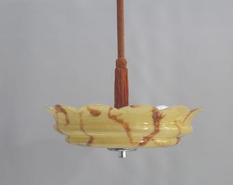 Large Art Deco pendant lamp with a yellow, brown marbled glass shade from the 1930s