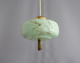 Art Deco rod pendant light with brass suspension and marbled glass shade