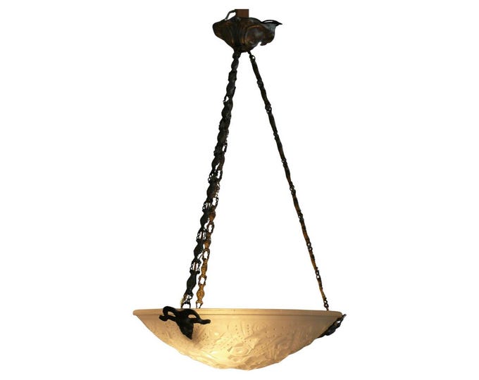 French Art Deco glass pendant light with chain suspension, Muller Frères Lunéville, 1920s - 1930s