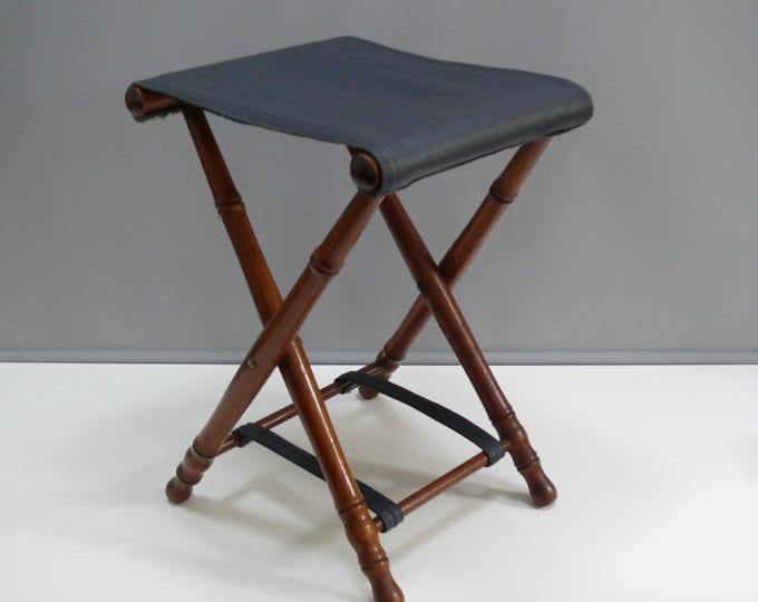 Small vintage folding stool - turned frame, genuine leather seat - colonial style