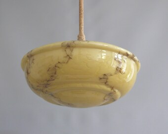 Art Deco rod pendant light, hanging lamp with beige glass shade and chrome-plated suspension - approx. 1930 - 1940