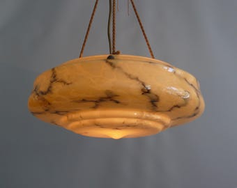 Large Art Deco marbled glass pendant light with rope suspension, 1920s - 1930s