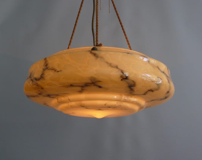 Large Art Deco marbled glass pendant light with rope suspension, 1920s - 1930s