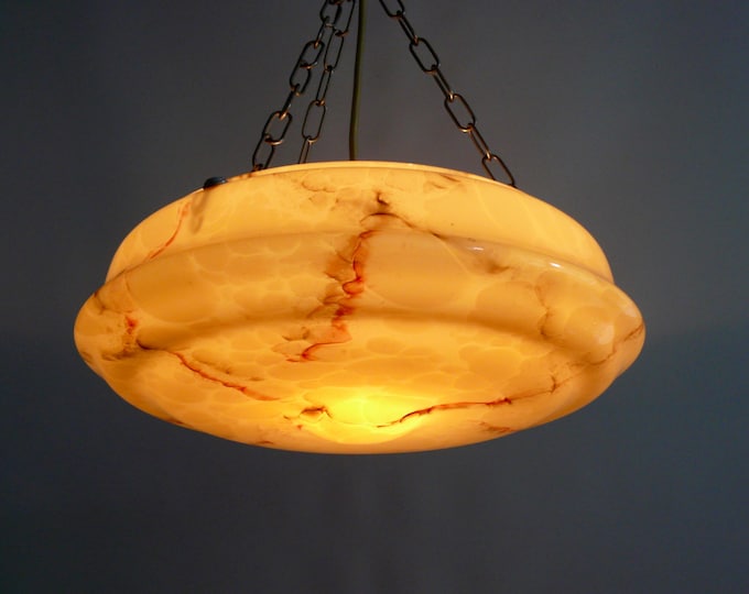 Large Art Deco marbled glass pendant light with chain suspension, 1920s - 1940s