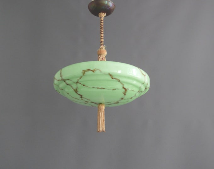 Art Deco rod pendant lamp, marbled with wrapped rod, suspension made of metal and brass - 1930s